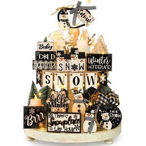24 Pcs Black White Distressed Style Set Let It Snow Snowflake Wooden Tray Decor